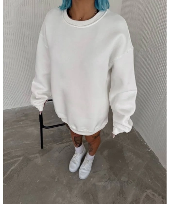 Kadın Bisiklet Yaka 3 İplik Pamuklu Basic SweatShirt - Beyaz