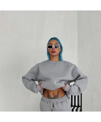 Kadın Bisiklet Yaka 3 İplik Pamuklu Basic SweatShirt - Gri