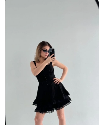 Kadın Mini Askılı Elbise - Siyah