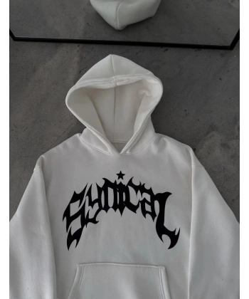 Kadın Kapüşonlu Kanguru Cepli Sweatshirt 3 İplik Pamuklu Baskılı Hoodie - Beyaz
