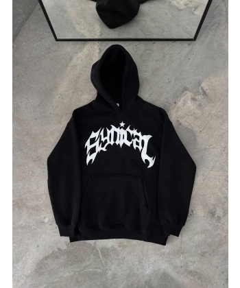 Kadın Kapüşonlu Kanguru Cepli Sweatshirt 3 İplik Pamuklu Baskılı Hoodie - Siyah