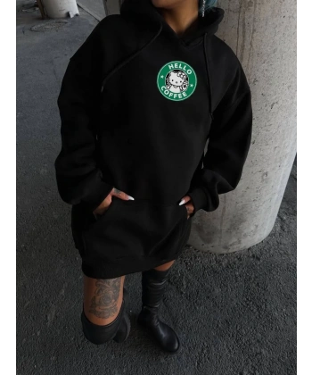 Kadın Oversize Kapüşonlu Kanguru Cepli Baskılı 3 İplik Pamuklu Sweatshirt Hoodie -   Siyah