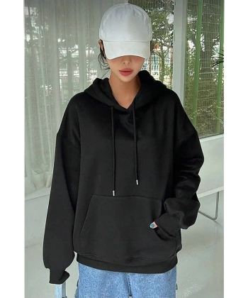 Kadın Kapüşonlu Kanguru Cepli 3 İplik Pamuklu Oversize Hoodie Sweatshirt - Siyah