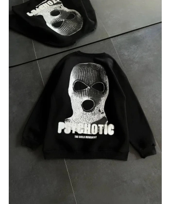 Kışlık Bisiklet Yaka Baskılı SweatShirt - Siyah