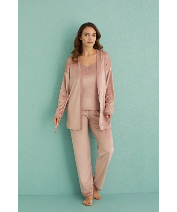 Mihra 13402 Kadın Kadife 3Lü Pijama Takımı