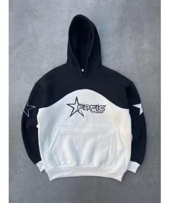 Kadın 3 İplik Pamuklu Parçalı Nakış İşlemelı Kapüşonlu SweatShirt Hoodie - Siyah