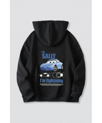 Sevgililer Günü Özel Kapüşonlu Araba Baskılı Oversize Sweatshirt - Siyah