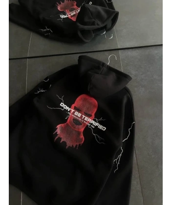 Üç İplik Kapşonlu Baskılı Oversize SweatShirt- Siyah