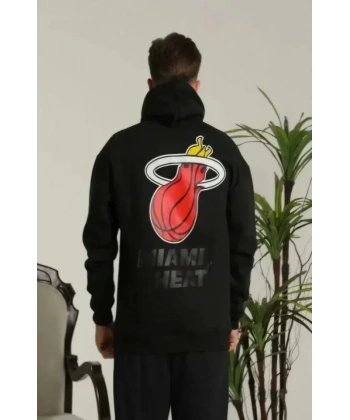 Unisex Kapşonlu Baskılı Sweetshirt - Siyah