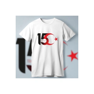 15 Temmuza Özel Tasarım Ay Yıldız Baskılı T-shirt - Beyaz