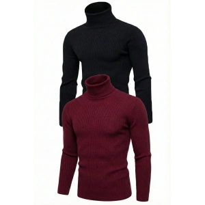 2li Siyah Bordo Unisex Kaşkorse Boğazlı Full Likralı Fitilli Body Kazak