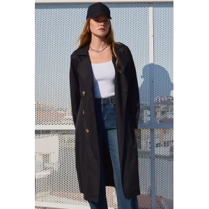 5853 Kruvaze Yaka Trençkot - Siyah