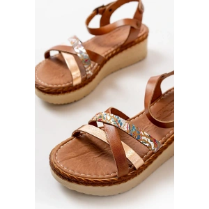 730-015 Taba Garni Ortopedik Hakiki Deri Dolgu Kadın Sandalet