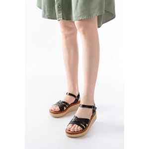 730-138 Siyah Örgü Hakiki Deri Ortopedik Taban Kadın Sandalet