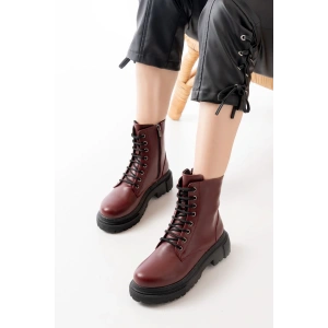 812-356 Bordo Bağcıklı Fermuarlı Günlük Kadın Bot