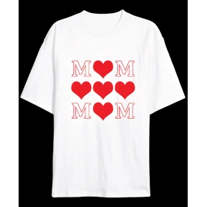 Anneler Gününe Özel Tasarım MOM Kalp Baskılı T-shirt - Beyaz