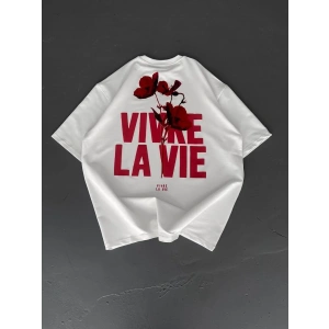 Baskılı Oversize Bisiklet Yaka T-shirt - Beyaz