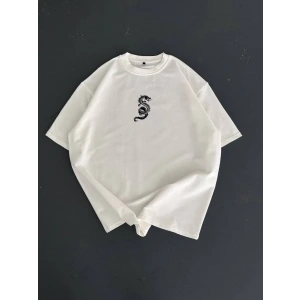 Baskılı Oversize Bisiklet Yaka T-shirt - Beyaz