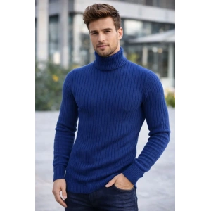 Erkek Balıkcı Yaka Bağazlı Triko Kazak Pamuklu Kalın Fitilli Dokuma, Regular Fit Uzun Kollu Kışlık Model - İndigo