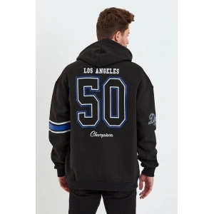 Erkek Baskılı Kapşonlu Üç iplik Oversize Sweatshirt - Siyah