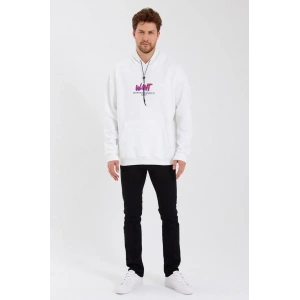 Erkek Baskılı Üç İplik Kapüşonlu Oversize Sweatshirt - Beyaz