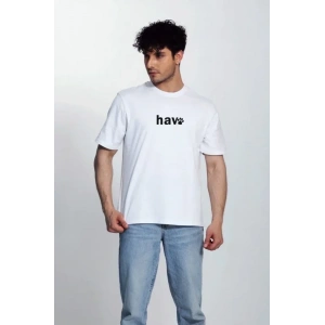 Erkek Bisiklet Yaka Kısa Kol Hav Baskılı T-shirt - Beyaz