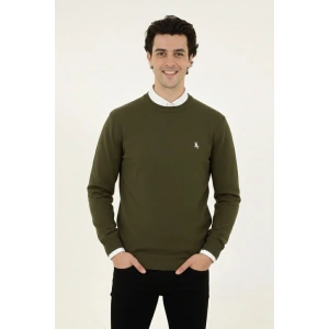 Erkek Bisiklet Yaka Nakış işlemeli Triko Kazak yumuşak dokulu Pamuklu ince Dokuma, uzun kollu Rahat Regular kalıp - Haki