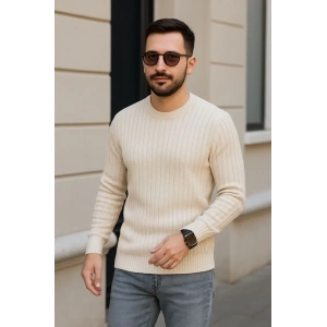 Erkek Bisiklet Yuvarlak Yaka Triko Kazak Pamuklu Kalın Fitilli Dokuma, Regular Fit Uzun Kollu Kışlık Model - Bej