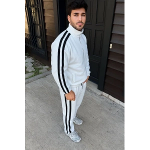 Erkek Çift Şeritli Eşofman Takım Dik Yaka Fermuarlı Sweatshirt Boru Paça Alt, Oversize 3 iplik Pamuklu - Beyaz