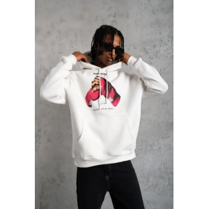 Erkek Eldiven Baskılı Kapüşonlu Sweat - Beyaz