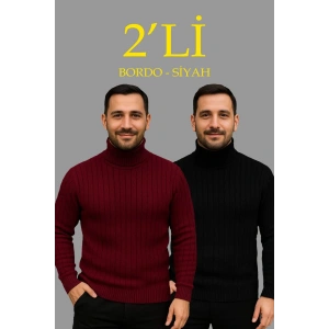 Erkek Fitilli Triko Kazak 2li Set Bordo Siyah Regular Balıkcı Yaka Tam Boğazlı Triko Seti Modeli Kazak