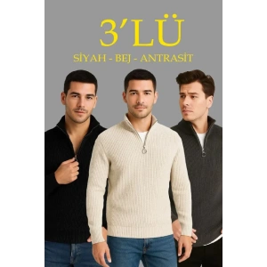 Erkek Fitilli Triko Kazak 3’lü Set – Antrasit, Siyah, Bej Kalın Dokuma Pamuklu Regular Fit V Yaka Fermuarlı Uzun Kollu Rahat Kışlık Kazak Kombini