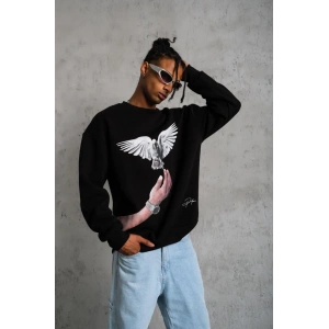 Erkek Güvercin Baskılı Sweatshirt - Siyah