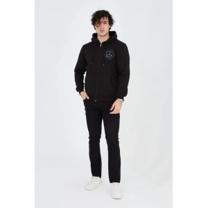 Erkek Kapüşonlu Z Baskılı Fermuarlı Hırka - Siyah