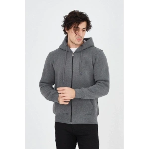 Erkek Kapüşonlu Düz Fermuarlı Hırka - Füme