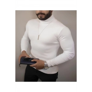 Erkek Kaşkorse Boğazlı Full Likralı Fitilli Body Kazak - Beyaz