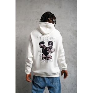Erkek Kol ve Etek Ribana Baskılı Kapüşonlu Sweat - Beyaz