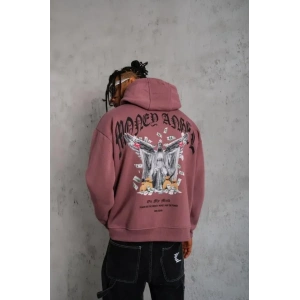 Erkek Kordon İpli Baskılı Kapüşonlu Sweatshirt - Gül Kurusu