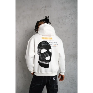 Erkek Kordonlu Maske Baskılı Kapüşonlu Sweat - Beyaz