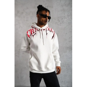 Erkek Ön ve Arka Baskılı Kapüşonlu 3 İplik Sweatshirt - Beyaz