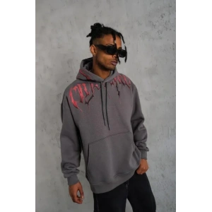 Erkek Ön Ve Arka Baskılı Kapüşonlu 3 İplik Sweatshirt - Füme