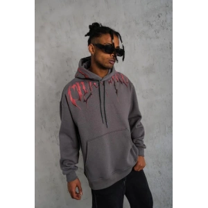 Erkek Ön ve Arka Baskılı Kapüşonlu 3 İplik Sweatshirt - Füme