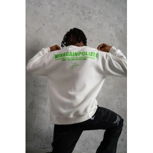 Erkek Oversize Sweatshirt – Beyaz Renk | Ön ve Sırt Baskılı, Üç İplik İçi Pamuklu Kumaş, Rahat Kalıp, Ribanalı Kışlık Sweat | Winagain Polizei Serisi - Beyaz
