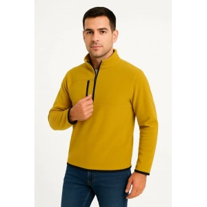 Erkek Polar Kazak – Dik Yaka, Yarım Fermuarlı, Fermuarlı Göğüs Cepli, Siyah Biyeli, Kışlık Rahat Regular Fit Günlük Model - Sarı