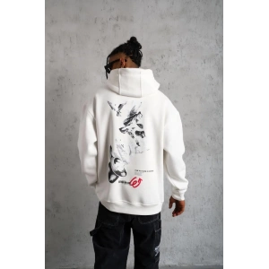 Erkek Şapkalı Güvercin Baskılı Kapşonlu Sweat - Beyaz