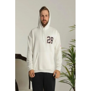 Erkek Sırt Baskılı Oversize Üç İplik Kapüşonlu Sweatshirt - Beyaz