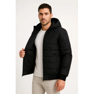 Erkek Şişme Kapüşonlu Fermuarlı Mont Su itici Kapitone Astarlı Kumaş Cepli Kışlık Rahat Kalıp - Siyah