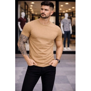 Erkek T-Shirt Bisiklet Yaka Slim Fit dar kesim Likralı Tişört Günlük Basic Body - Kahverengi