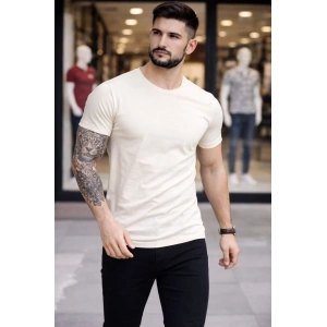Erkek T-Shirt Bisiklet Yaka Slim Fit dar kesim Likralı Tişört Günlük Basic Body - Taş