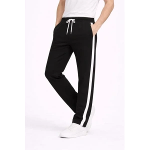 Erkek Yandan Şeritli Boru Paça Eşofman Altı 3 Iplik Pamuklu Eşofman - Siyah